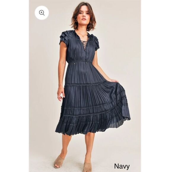 Reset By Jane Ruffle Dress Navy Blue Midi Small S - Picture 1 of 8